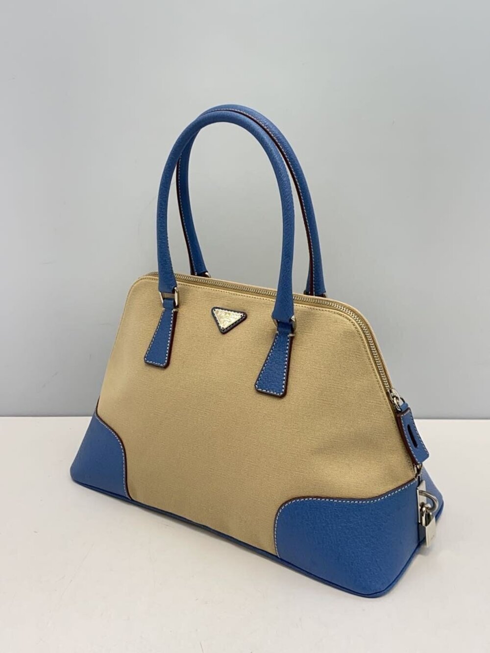 Prada beige Cinghiale top leather bag dome blue canvas handles Canapa Tan Blue